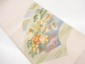 綴れ地紙に鴛鴦・松・花々模様織出し名古屋帯